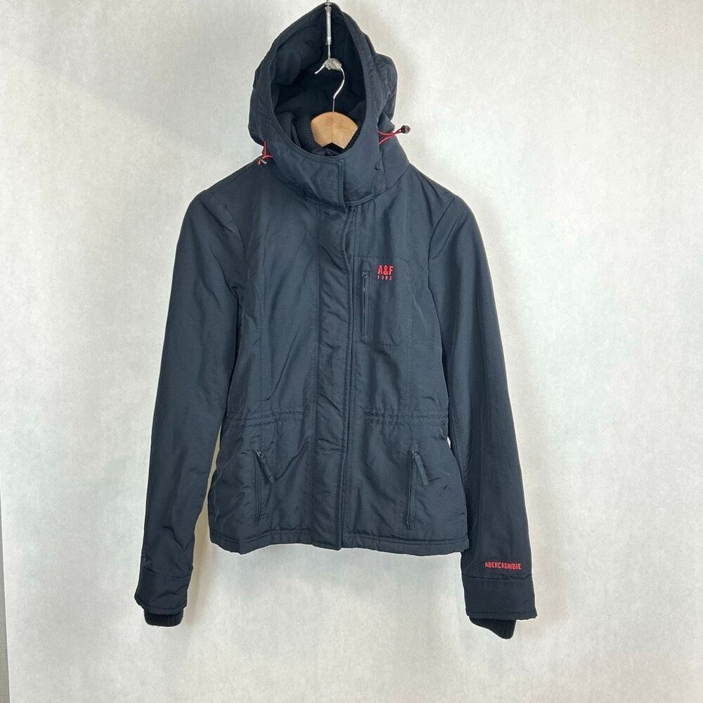 A&F Womens Coat Jacket Navy Blue Sz Medium Hood Fleece Lined Full Zip Snap Front